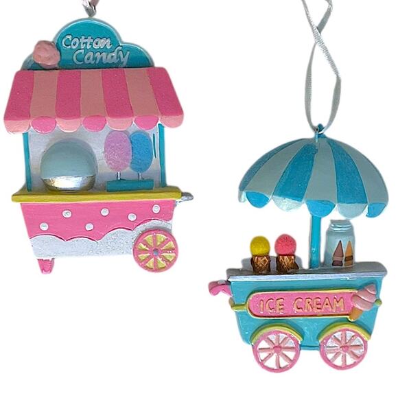 Cotton Candy & Ice Cream Carts Christmas Tree Ornaments Striped Roof Blue Pink - Picture 5 of 8
